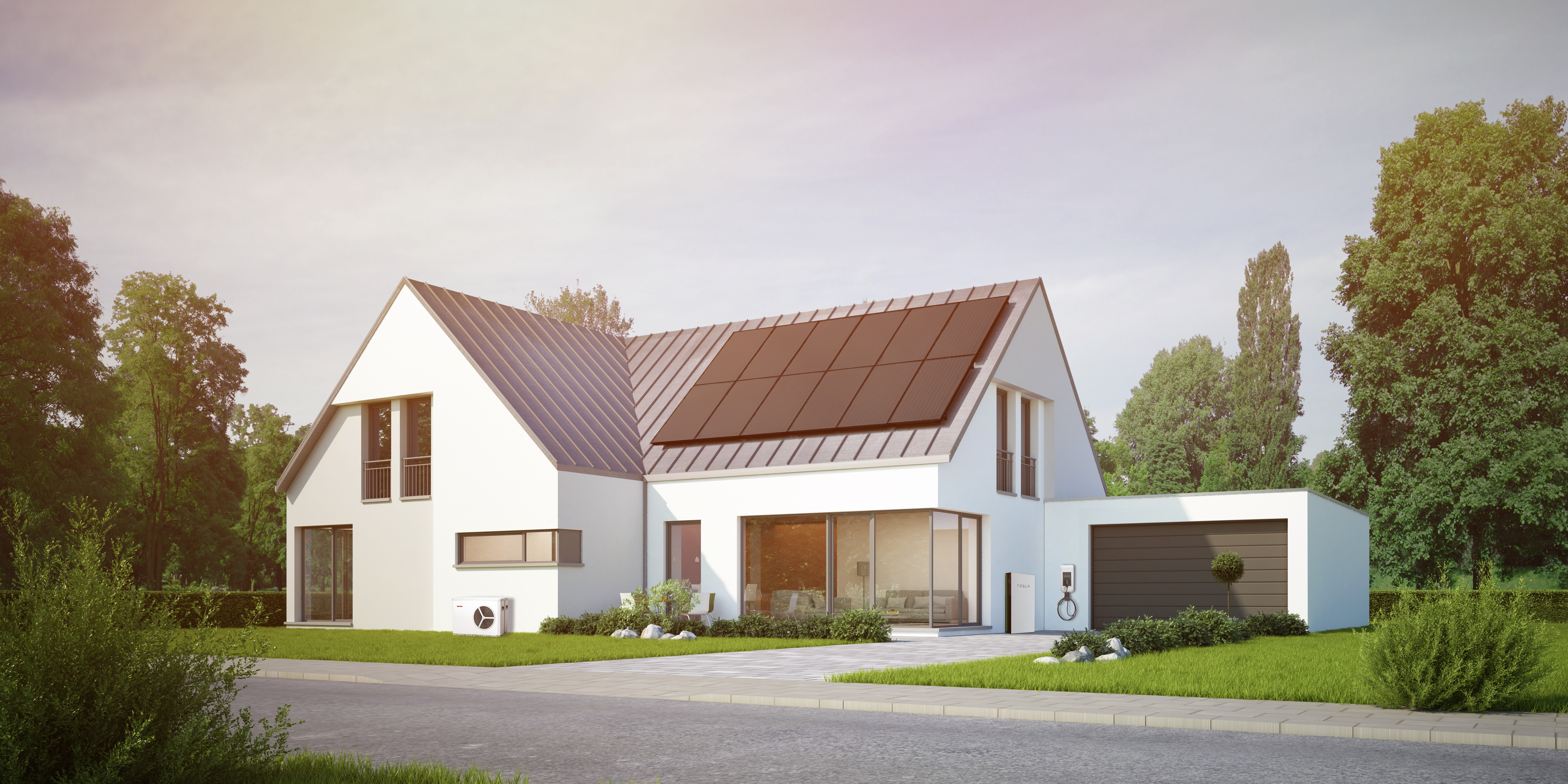 Haus mit Photovoltaik, Wärmepumpe, Stromspeicher und Ladestation für Elektroauto